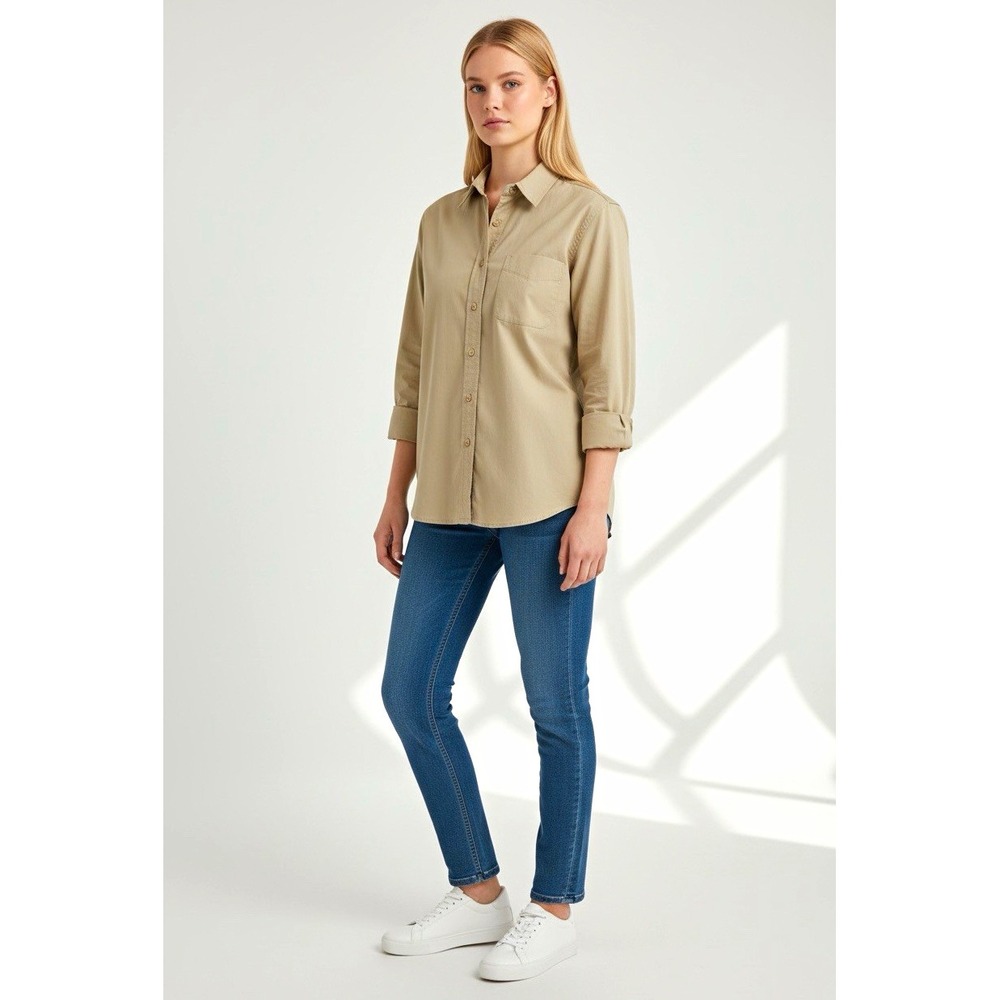 The North Face Womens Beige Nylon Point Collar Long Sleeve Button Up Shirt M